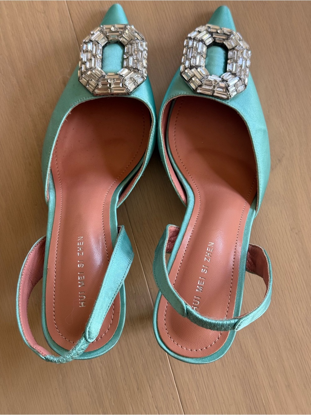 Turquoise Embellished Pointed-Toe Slingback Heels - Picture 3 of 4